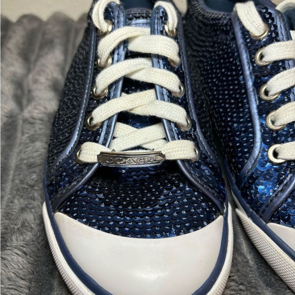 Coach Women's EUC Navy Blue Sequin Sneakers with Navy Leather & white trim. Sz 6 - Picture 3 of 13